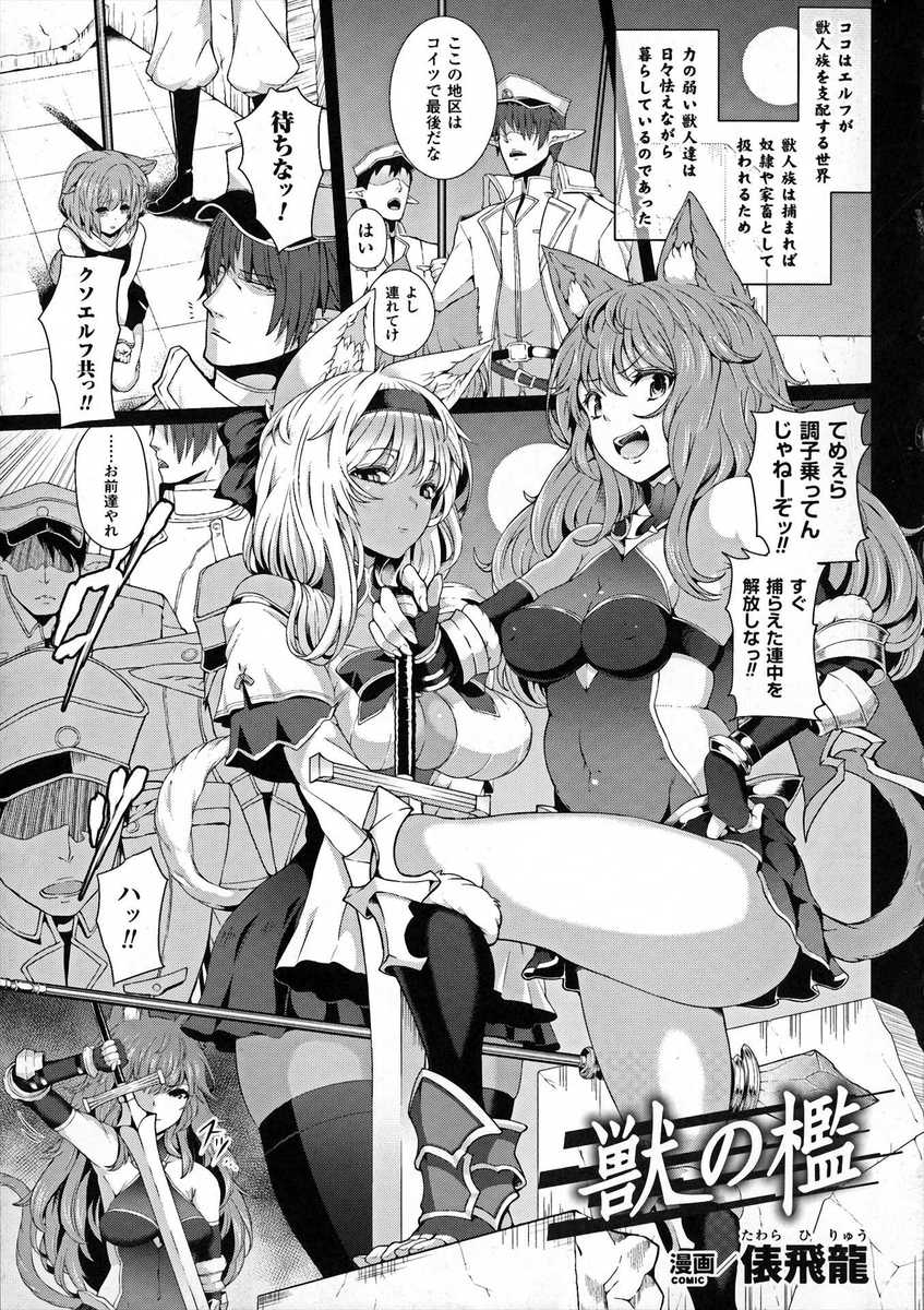 【エロ漫画】エルフに捕まった獣人族の女子2人が、獣人牧場でオークに犯される！強引にフェラさせられて、触手で子宮を犯されて、生挿入中出しセックスで家畜堕ち！